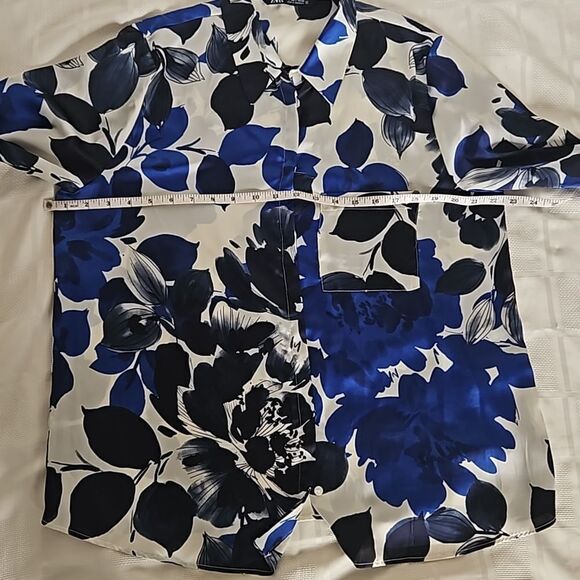 Zara Floral Button-Down Long Sleeves Shirt Large Royal Blue & White - Picture 7 of 16